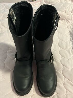 Frye Black Leather Mid-Calf Buckle Combat Boots